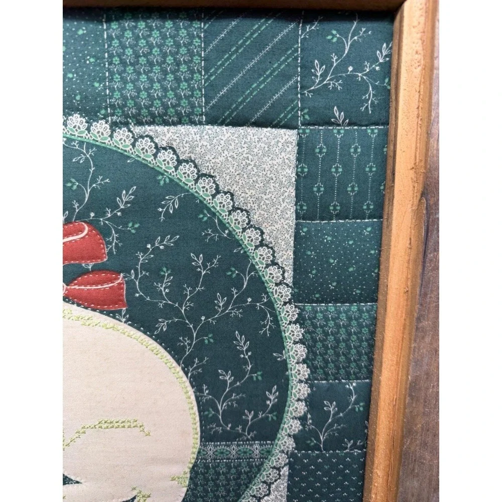 Vintage Quilted Cat Framed Picture Green Rustic Art Granny Farmhouse Cottage